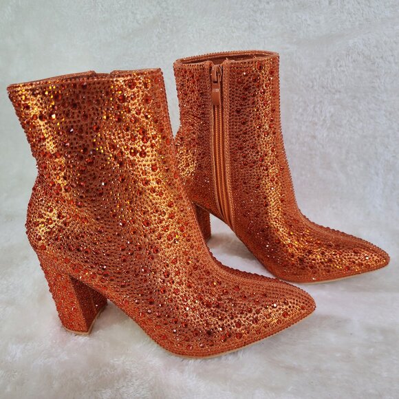 RESTOCKED! Metallic Orange Rhinestone Ankle Boots with 3" Block Heel - Picture 3 of 8